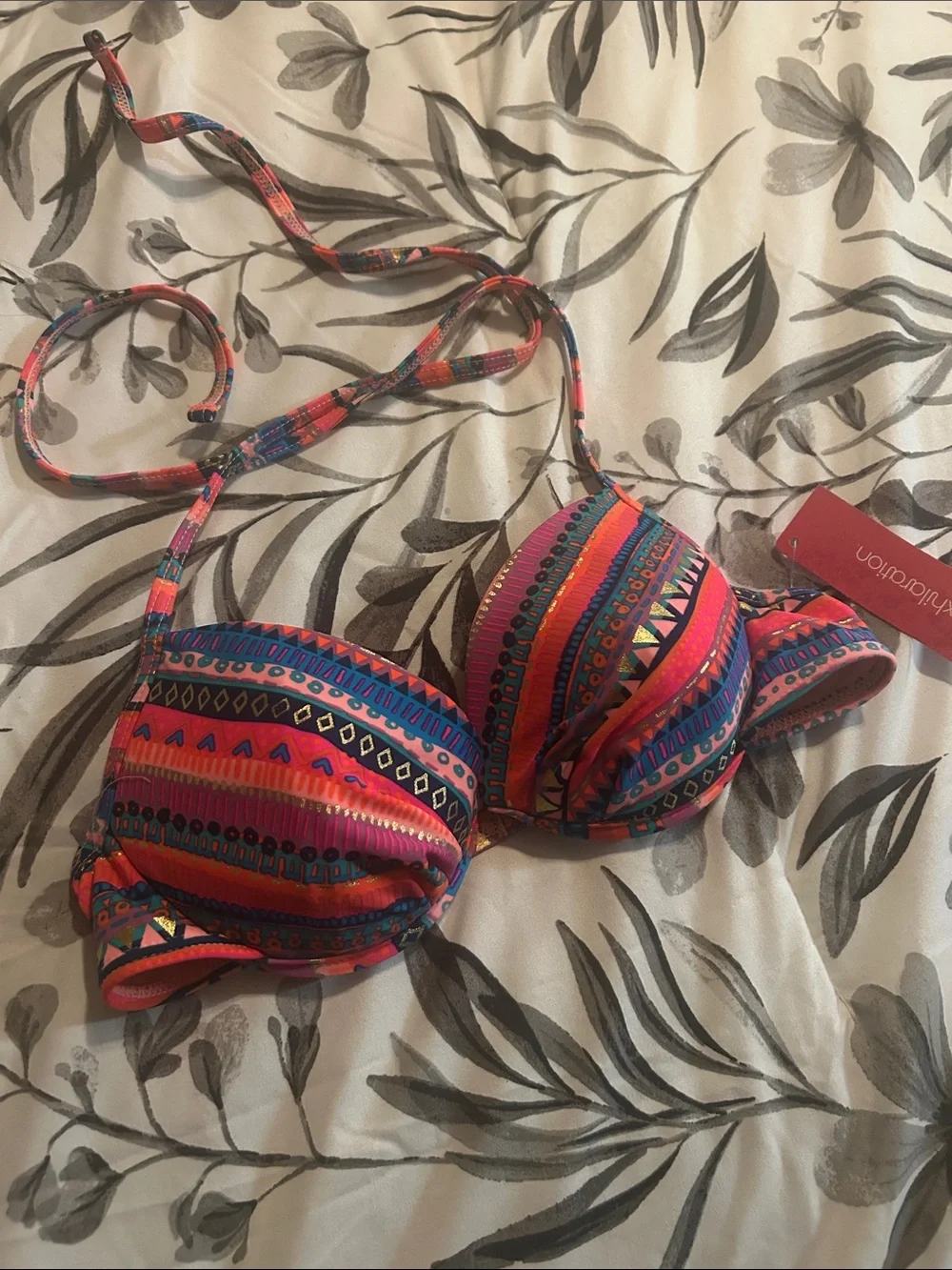 Xhilaration Multicolor Tribal Halter Bikini Top with Neon Orange Bottoms